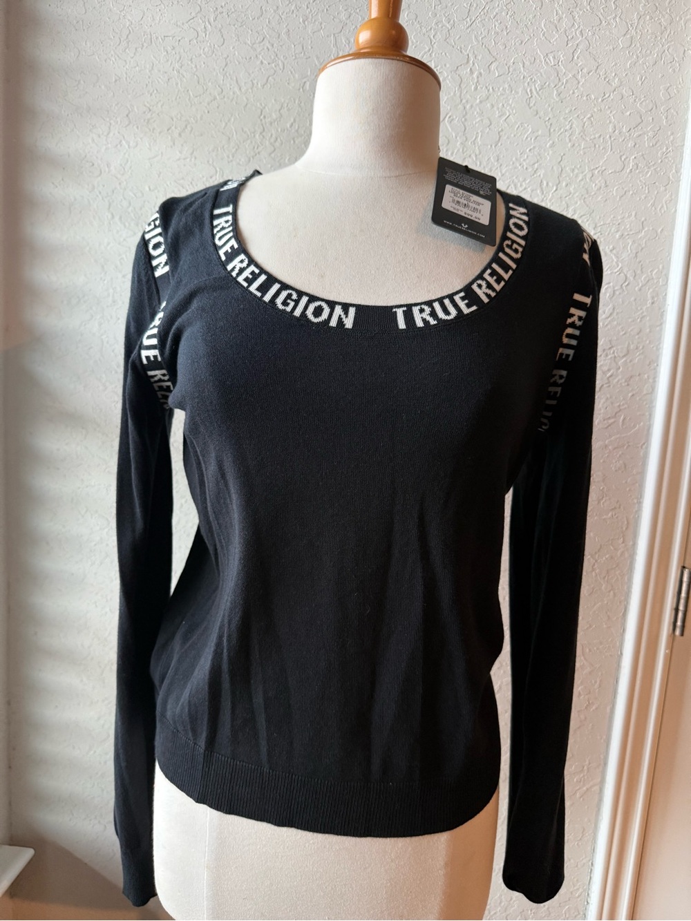 True Religion Black Long-Sleeve Scoop Neck Logo Top